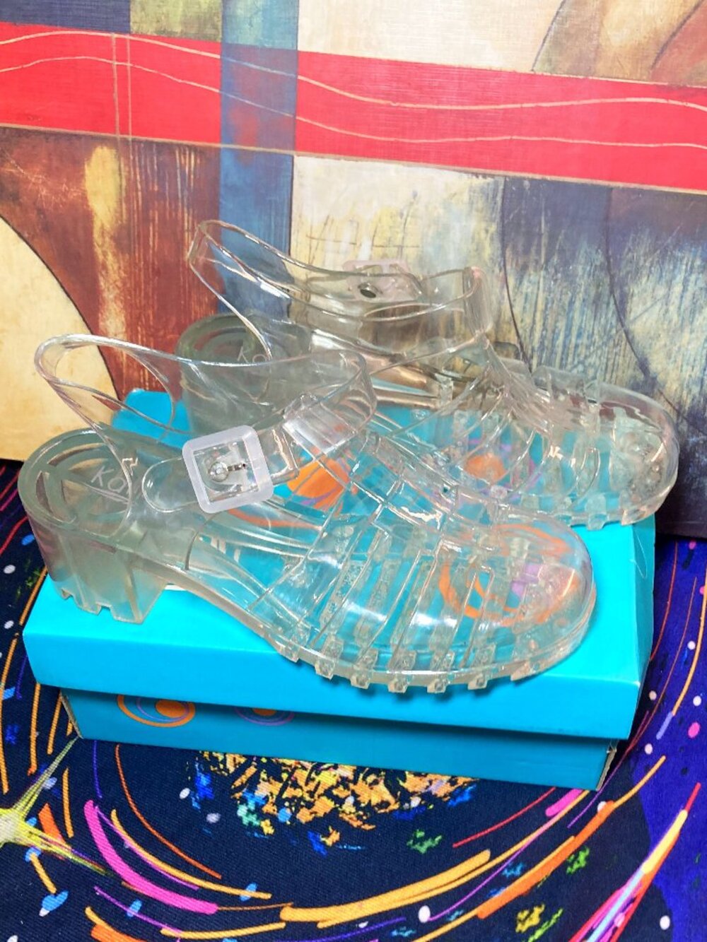 NEW WOMEN'S KALI SANDALS TRANSPARENT CLEAR SHOES SIZE 10 HEEL CLOGS BUCKLE Y2K